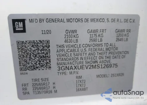 2021 Chevrolet Equinox Awd Lt from USA, damaged, VIN 3GNAXUEV2MS126975
